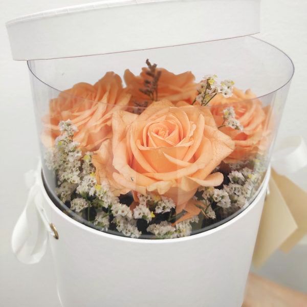 Caja con mirilla de rosas preservadas